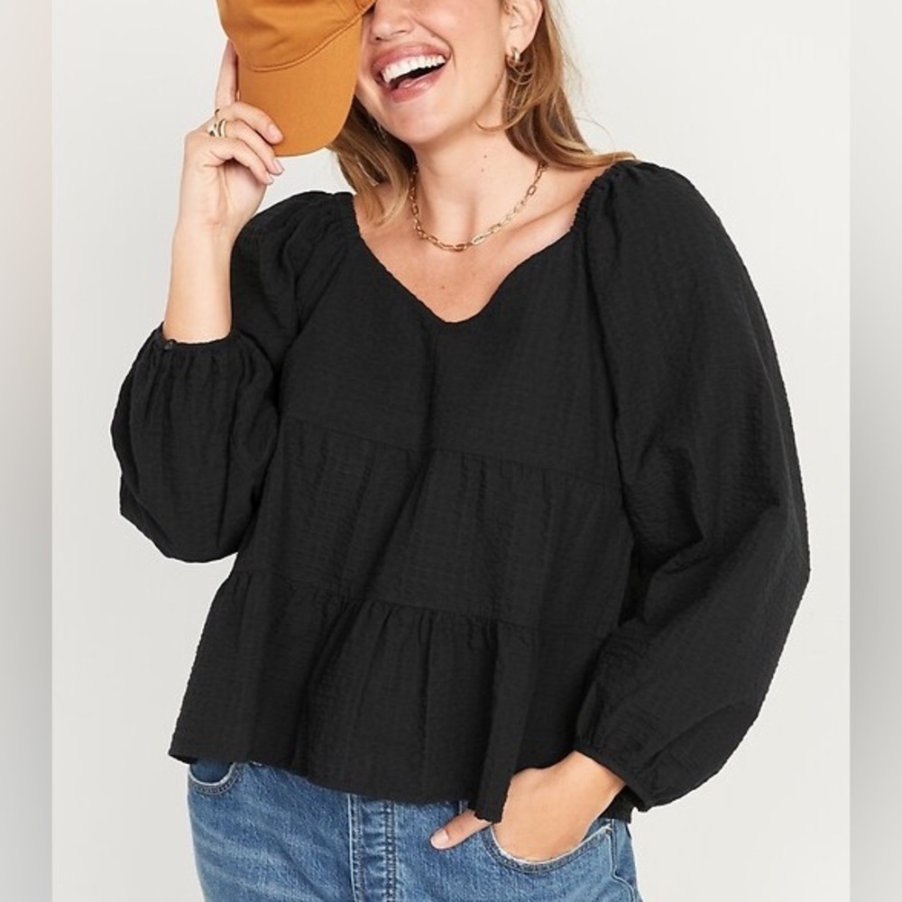 Old Navy Long Sleeve Tiered Empire Seersucker‎ Swing Blouse Top Black Boho L